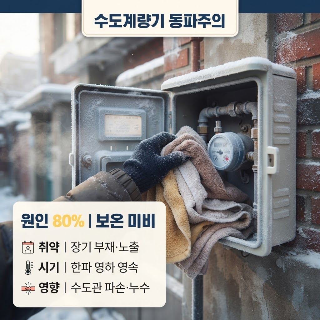 수도계량기 동파 방지, 헌옷 하나로 80% 예방할 수 있습니다 1 한파 시 수도계량기 동파 사고의 80%는 계량기함 보온 미비로 발생하며 장기 부재와 외부 노출이 취약 요인이고 영하 영속 시 동파 위험이 커진다는 핵심 원인을 겨울 풍경 속 동파된 계량기함과 함께 정리한 안내