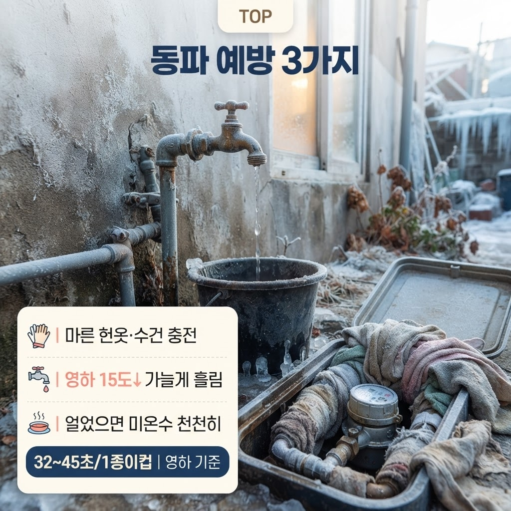 수도계량기 동파 방지, 헌옷 하나로 80% 예방할 수 있습니다 2 수도계량기 동파 예방 3가지(마른 헌옷·수건 충전, 영하 15도 이하 가늘게 흘리기, 얼었을 땐 미온수 천천히)와 종이컵 1개당 32~45초 흘림 같은 강추위 기준을 차가운 수도꼭지와 보온재 모습과 함께 정리한 안내