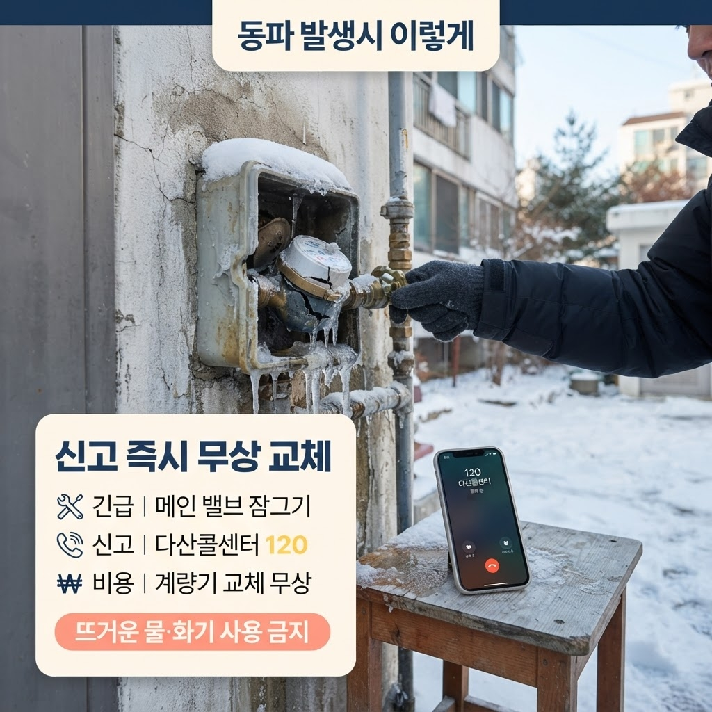 수도계량기 동파 방지, 헌옷 하나로 80% 예방할 수 있습니다 3 계량기 동파 발생 시 메인 밸브 잠그기, 다산콜센터 120 신고, 수도사업소 무상 교체 절차와 뜨거운 물·화기 사용 금지 경고를 집 손잡이가 메인 밸브 잠그는 모습과 함께 정리한 안내