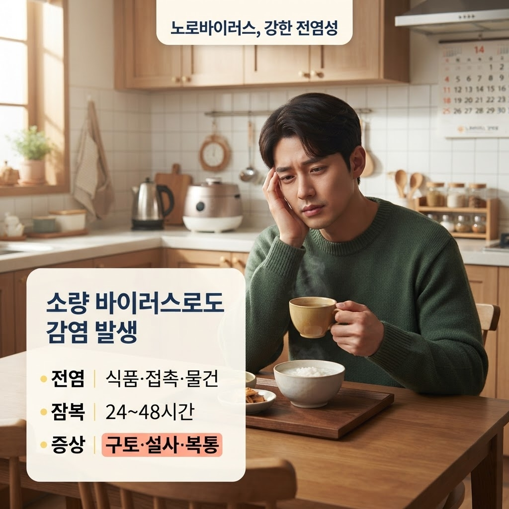 소량의 바이러스만으로도 감염되는 노로바이러스의 강한 전염성, 식품·접촉·물건을 통한 전염 경로, 24~48시간의 잠복기, 구토·설사·복통 중심의 특징 증상을 한국 가정 식탁에서 컨디션이 좋지 않은 성인 모습과 함께 정리한 안내