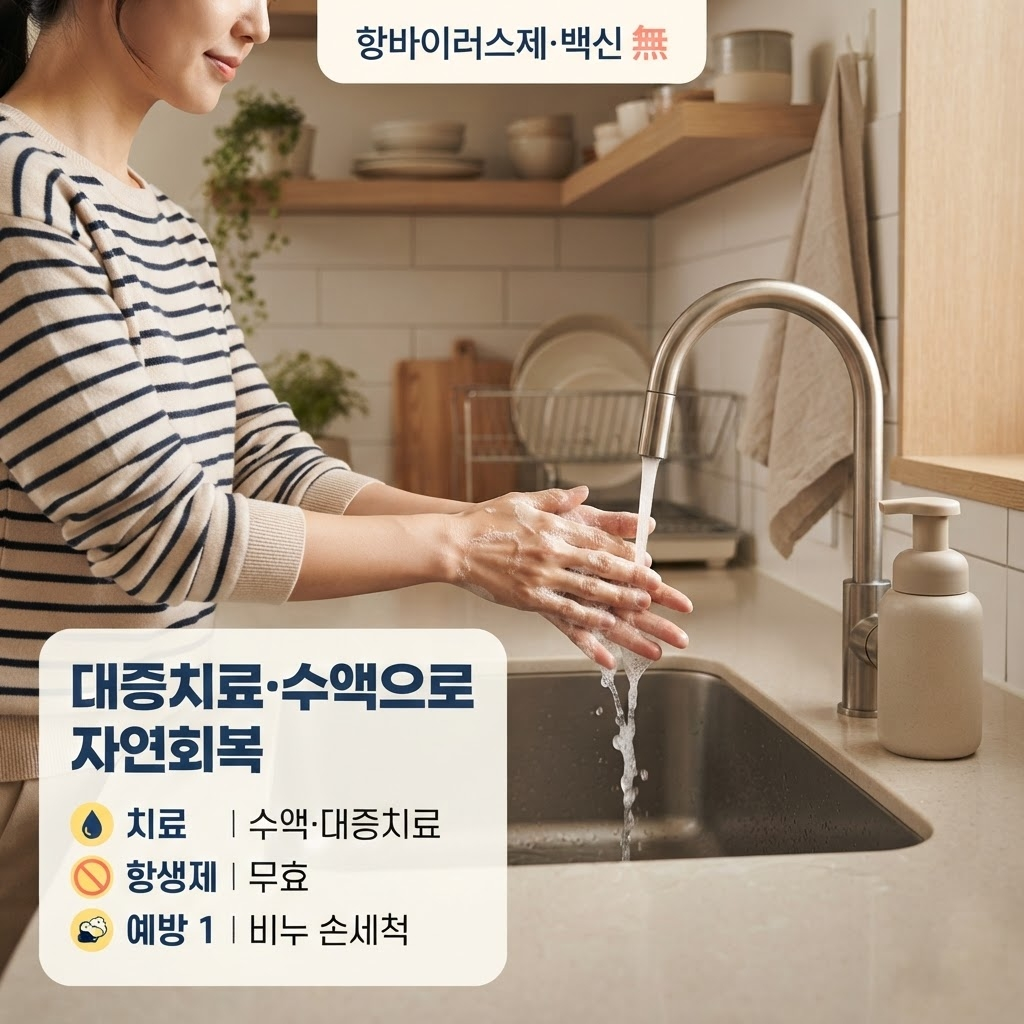 노로바이러스는 항바이러스제와 예방 백신이 없고 항생제 효과도 없어 수액과 대증치료로 자연 회복하는 질환으로, 가장 중요한 예방법이 비누 손세척임을 강조하는 한국 주방 싱크대에서 손을 씻는 모습과 함께 정리한 안내