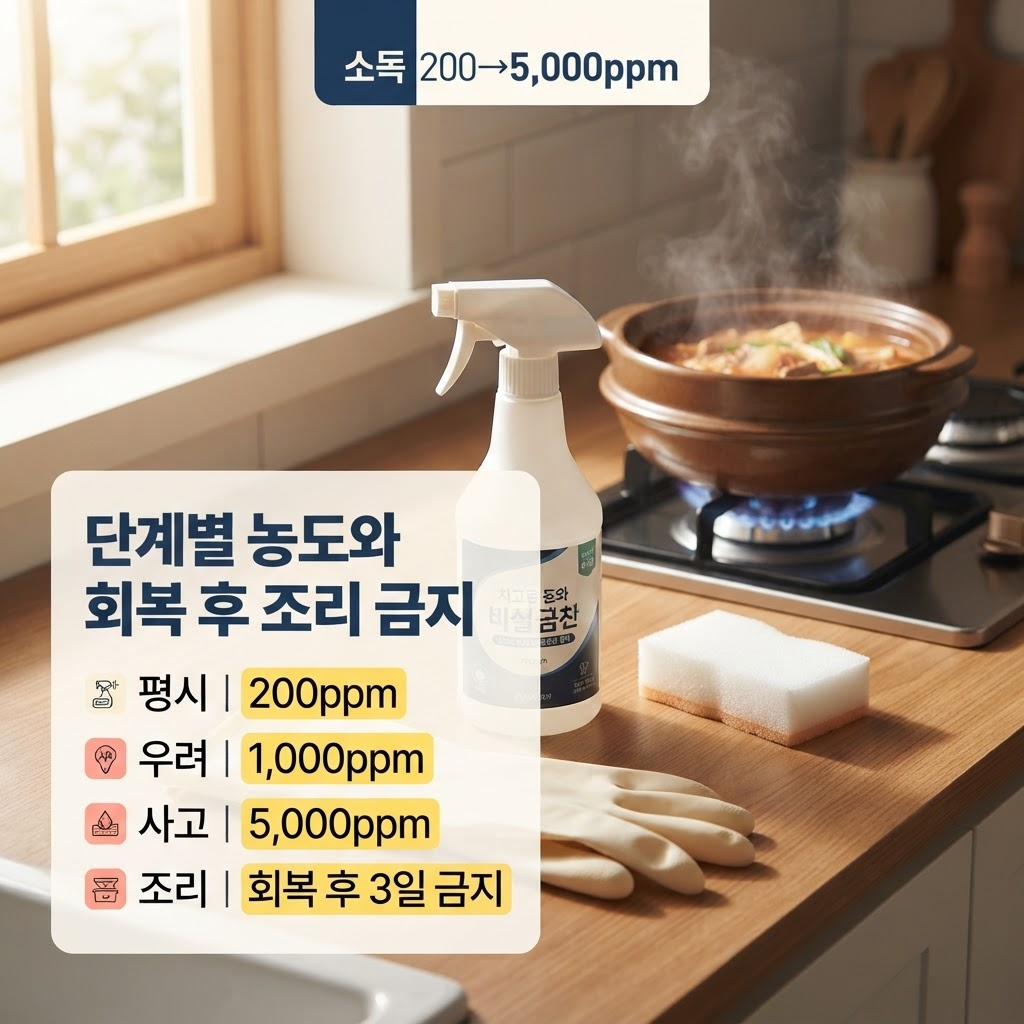 노로바이러스 소독 시 평상 200ppm, 발생 우려 시 1,000ppm, 사고 발생 시 5,000ppm으로 단계별로 농도를 높여 사용하고 회복 후 최소 3일간은 다른 사람이 먹을 음식 조리를 금지해야 한다는 점을 한국 주방 카운터의 소독제와 손질된 조리도구 모습과 함께 정리한 안내