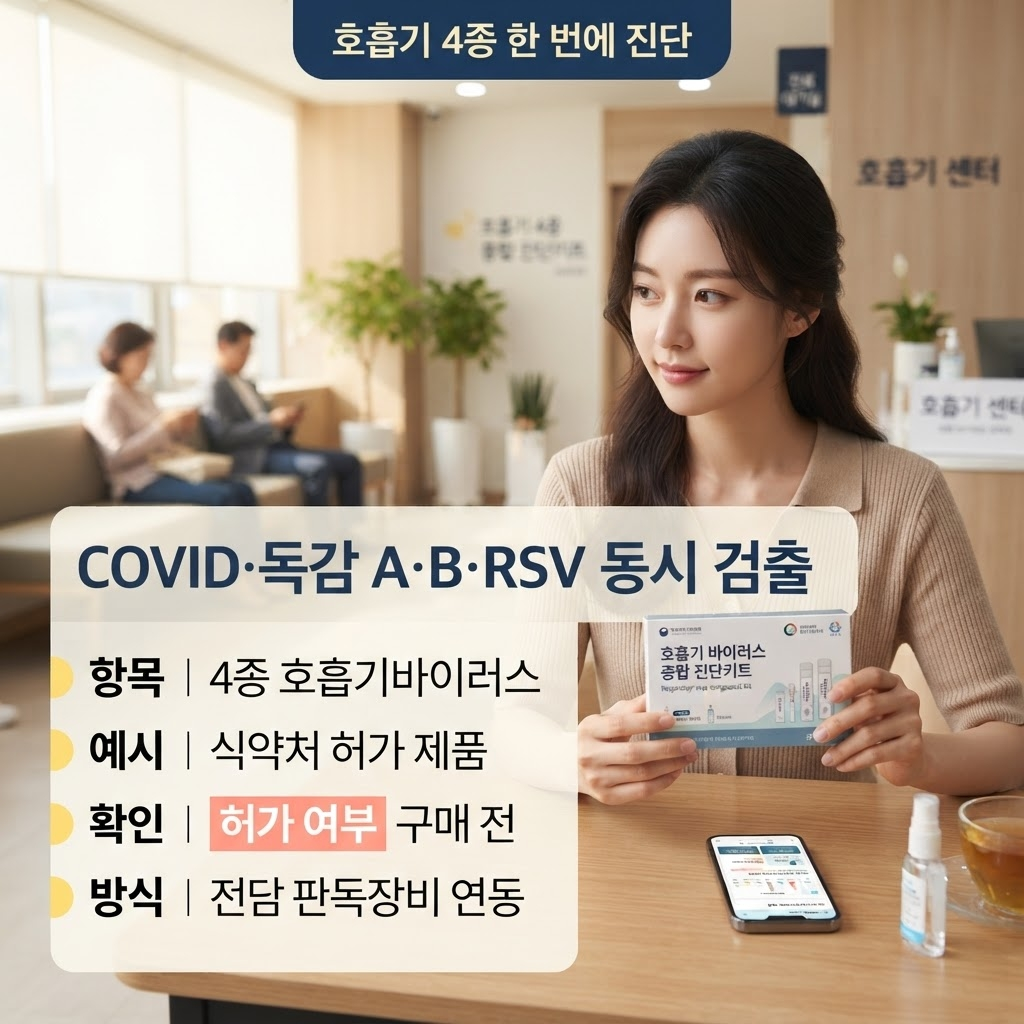 독감·코로나 동시진단키트, 식약처 허가받은 제품 이렇게 확인하세요 1 호흡기 바이러스 4종(코로나19·독감 A·B·RSV)을 한 번에 검출하는 동시진단키트가 식약처 허가를 받아 등장해 전용 판독장비와 연동해 결과를 확인하며, 구매 전 해당 제품의 식약처 허가 여부를 반드시 확인해야 한다는 점을 정리한 안내