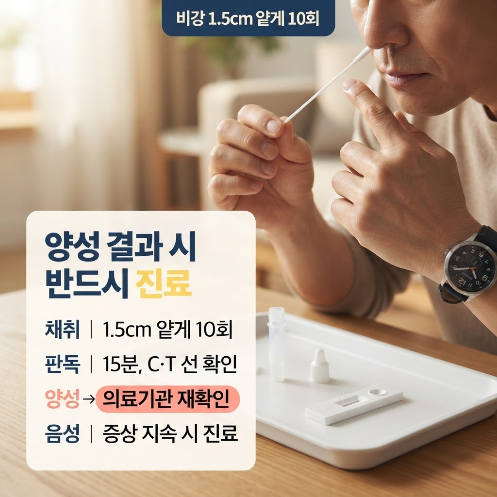 독감·코로나 동시진단키트, 식약처 허가받은 제품 이렇게 확인하세요 3 자가 비강 검체는 멸균 면봉을 1.5cm 깊이로 10회 이상 골고루 문질러 채취하고 15분 후 대조선(C)과 시험선(T) 출현 여부로 양성·음성을 판독하며, 양성 시 반드시 의료기관을 방문해 정밀검사로 최종 확인하고 음성이어도 증상이 지속되면 진료가 권장된다는 점을 정리한 안내