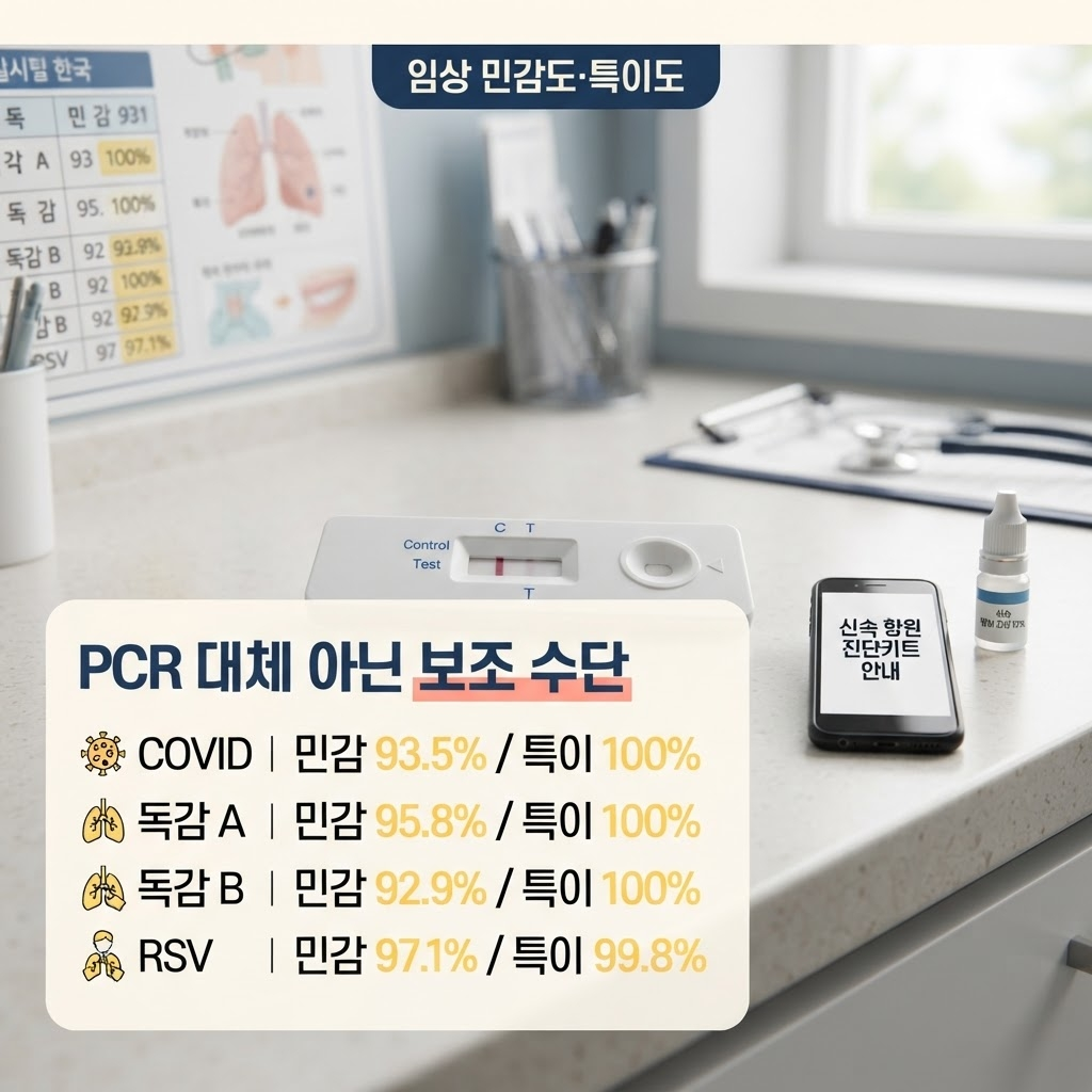 독감·코로나 동시진단키트, 식약처 허가받은 제품 이렇게 확인하세요 2 동시진단키트는 코로나19 민감도 93.5%·특이도 100%, 독감 A 95.8%·100%, 독감 B 92.9%·100%, RSV 97.1%·99.8%의 임상 수치를 보이지만 자가진단키트는 PCR 같은 정밀 검사를 대체하는 보조 수단이라는 점을 정리한 안내
