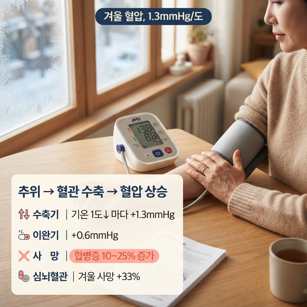 겨울철 고혈압, 기온 10도 떨어지면 혈압은 13mmHg 오릅니다 1 겨울철 기온이 1도 떨어질 때마다 수축기 혈압이 약 1.3mmHg, 이완기 혈압이 약 0.6mmHg 상승하며, 고혈압 합병증 사망이 계절 평균 대비 10~25%, 심뇌혈관질환 사망이 여름 대비 33% 증가해 가정혈압 측정 후 추위 노출을 줄이는 것이 중요하다는 점을 추운 아침 창가의 가정혈압계와 함께 정리한 안내
