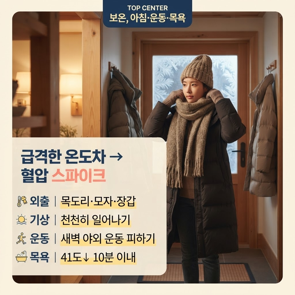 겨울철 고혈압, 기온 10도 떨어지면 혈압은 13mmHg 오릅니다 2 겨울철에는 외출 시 목도리·모자·장갑으로 보온하고 아침 기상 후 천천히 일어나며 새벽 시간대 야외 운동은 피하고, 욕조 온도는 41도 이하로 입욕 시간을 10분 이내로 제한해 따뜻한 실내와 찬 바깥의 급격한 온도차로 발생하는 혈압 스파이크를 줄여야 한다는 점을 문 앞에서 외출 준비하는 모습과 함께 정리한 안내