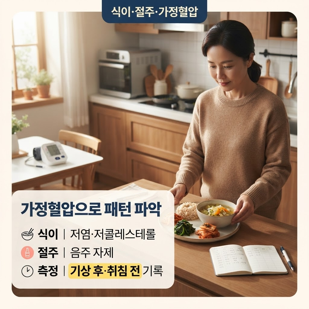 겨울철 고혈압, 기온 10도 떨어지면 혈압은 13mmHg 오릅니다 3 겨울철 혈압 안정을 위해 염분과 콜레스테롤을 줄인 저염·저콜레스테롤 식단과 음주 절제를 유지하고, 아침 기상 후와 저녁 취침 전에 가정에서 직접 혈압을 측정해 기록해 자신의 혈압 패턴을 파악해 의료진과 상담하는 데 활용해야 한다는 점을 저염식 준비와 혈압 기록 노트 옆 가정혈압계 모습과 함께 정리한 안내
