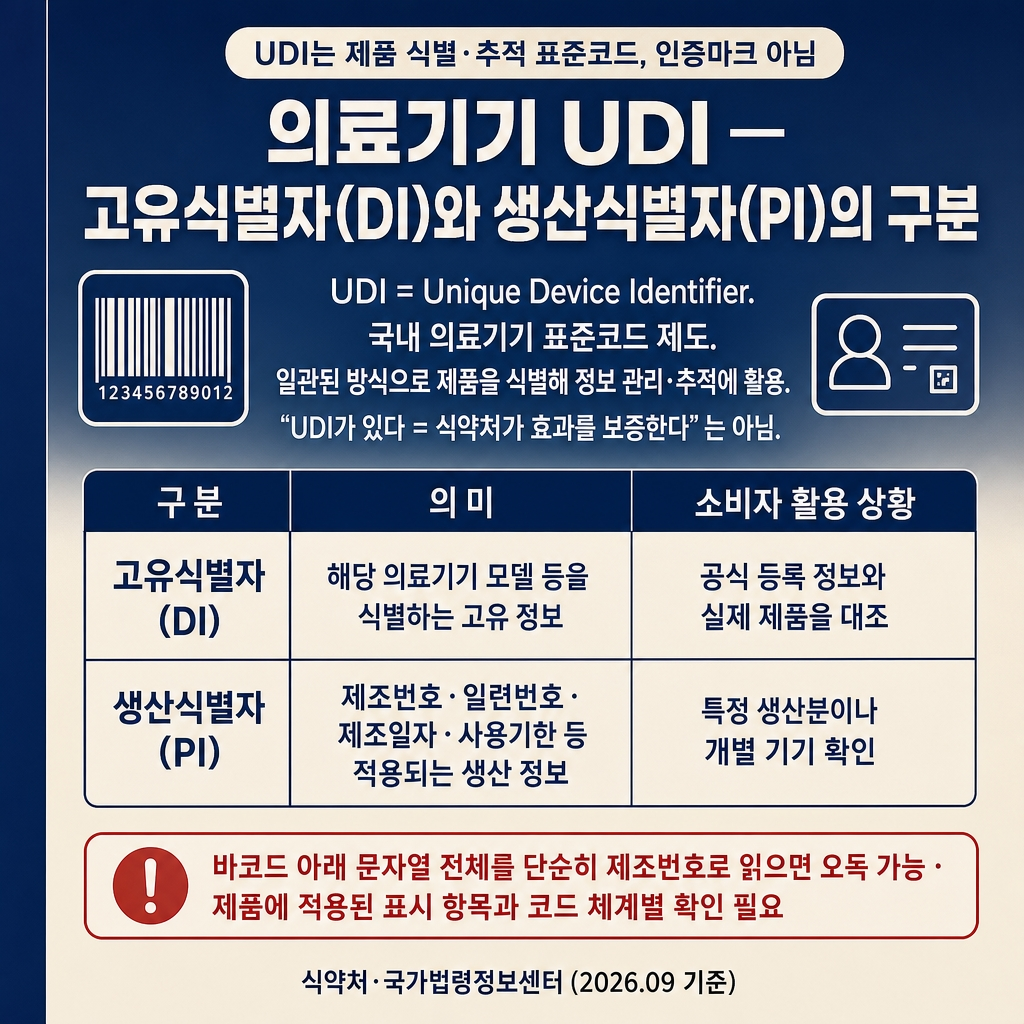 의료기기 UDI 뜻과 확인법: DI·PI·허가번호·제조번호 차이 1 딥네이비에서 크림으로 이어지는 상하 그라디언트 배경, 좌측에 네이비 세로 띠가 전체 높이의 약 8% 폭으로 배치됨. 상단에 굵은 한글 산세리프 제목 ‘의료기기 UDI — 고유식별자(DI)와 생산식별자(PI)의 구분’. 제목 바로 위에 작은 라운드 칩 ‘UDI는 제품 식별·추적 표준코드, 인증마크 아님’. 제목 아래 메인 설명문은 흰색으로 ‘UDI = Unique Device Identifier. 국내 의료기기 표준코드 제도. 일관된 방식으로 제품을 식별해 정보 관리·추적에 활용. “UDI가 있다 = 식약처가 효과를 보증한다” 는 아님.’ 중앙에 DI·PI 구분 비교 표 3열, 컬럼 헤더 ‘구분 | 의미 | 소비자 활용 상황’. 1행 ‘고유식별자 (DI) | 해당 의료기기 모델 등을 식별하는 고유 정보 | 공식 등록 정보와 실제 제품을 대조’. 2행 ‘생산식별자 (PI) | 제조번호·일련번호·제조일자·사용기한 등 적용되는 생산 정보 | 특정 생산분이나 개별 기기 확인’. 표 아래 빨간 테두리 강조 박스 ‘바코드 아래 문자열 전체를 단순히 제조번호로 읽으면 오독 가능 · 제품에 적용된 표시 항목과 코드 체계별 확인 필요’. 하단 우측 푸터 ‘식약처·국가법령정보센터 (2026.09 기준)’. 워터마크 없음, 1:1 1024×1024, FAQ Q&A 칩 미포함.