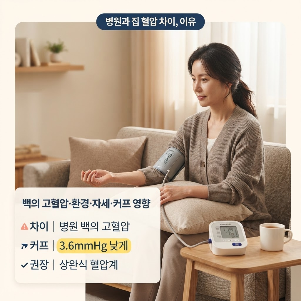 가정혈압이 병원과 다르게 나오는 이유는 백의 고혈압, 측정 환경·자세, 그리고 커프 사이즈 영향이며 본인의 팔 둘레에 맞는 커프를 쓰지 않으면 약 3.6mmHg 낮게 측정될 수 있어 검증된 상완식 혈압계 사용이 권장된다는 점을 정리한 안내