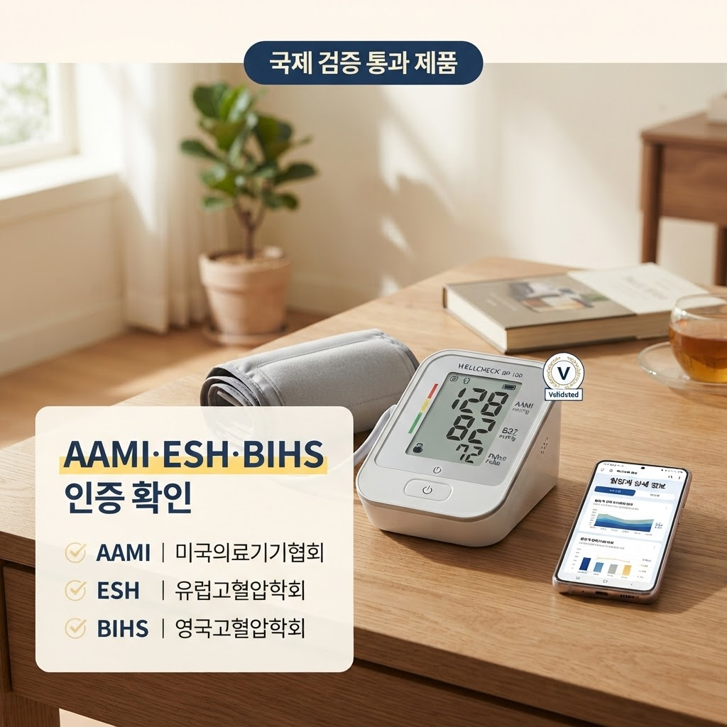 가정용 상완식 혈압계 선택 시 국제 공인 검증 프로토콜인 미국의료기기협회(AAMI), 유럽고혈압학회(ESH), 영국고혈압학회(BIHS) 인증을 통과한 제품인지 제품 정보에서 확인해야 한다는 점을 정리한 안내