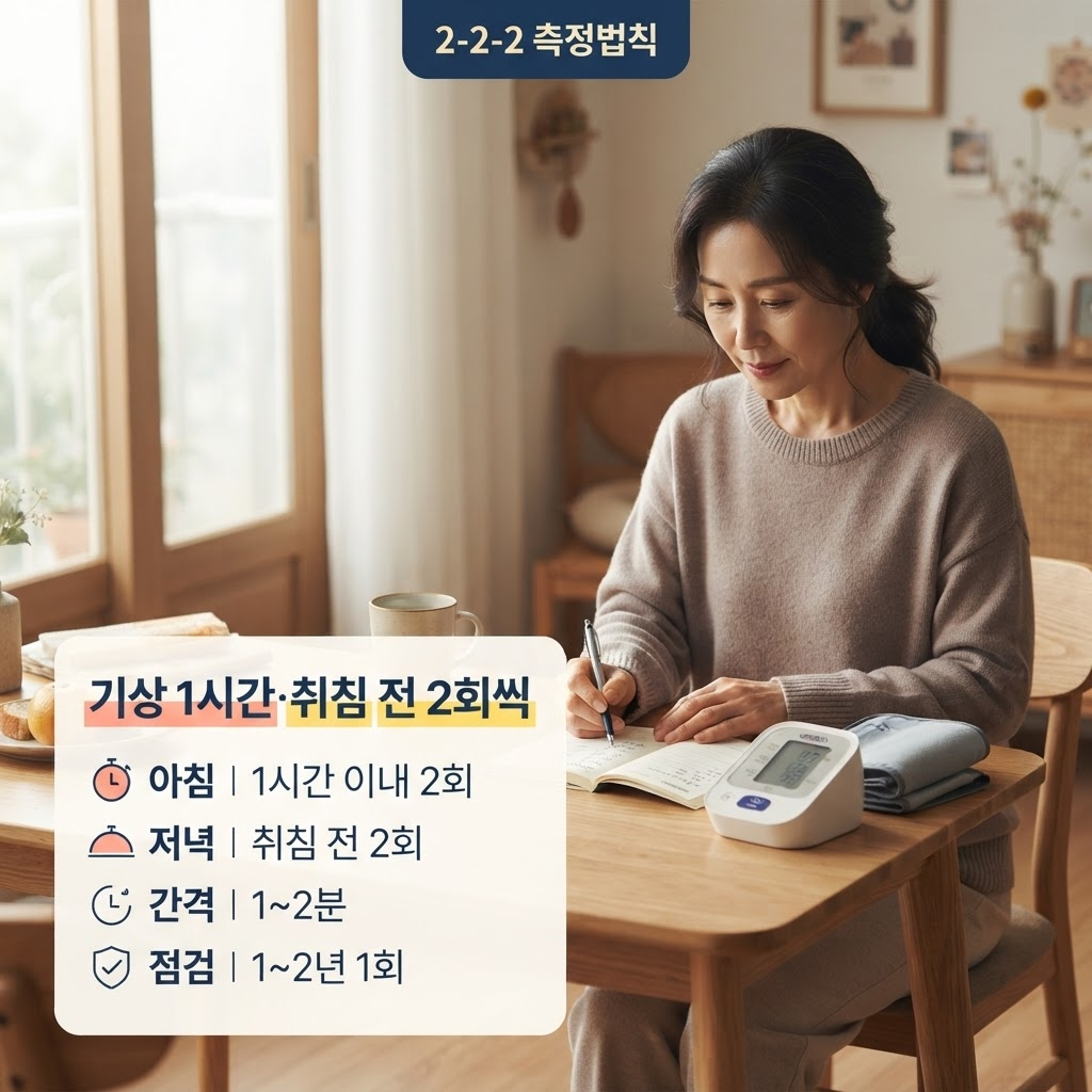 가정혈압은 2-2-2 법칙으로 아침 기상 후 1시간 이내에 2회, 저녁 취침 전에 2회 측정하되 매 측정 사이에 1~2분 간격을 두고, 가정용 혈압계는 1~2년에 한 번씩 병원 측정과 비교해 점검해야 한다는 점을 정리한 안내