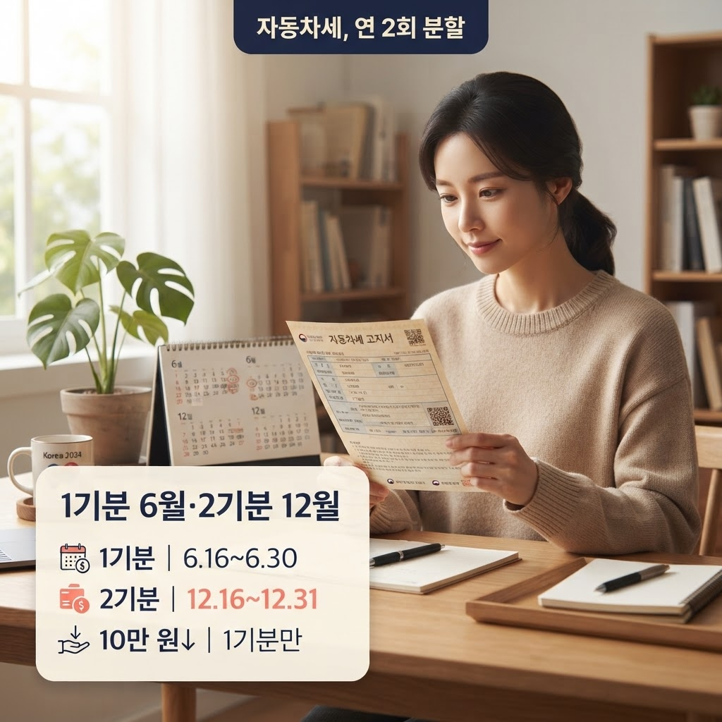 자동차세 2기분, 12월 16일부터 31일까지 놓치지 마세요 1 자동차세가 연 2회 분할 납부제로 1기분은 6월 16일부터 30일까지, 2기분은 12월 16일부터 31일까지 납부하며 연간 세액이 10만 원 이하이면 1기분 납부로 한 해 세액이 모두 정리되어 2기분 고지가 나오지 않는다는 점을 정리한 안내