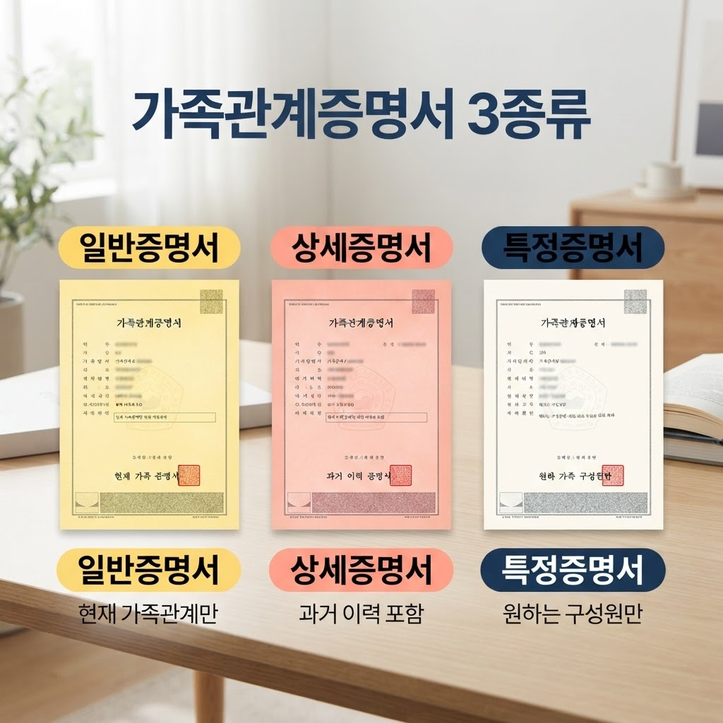가족관계증명서 발급, 일반·상세·특정 중 뭘 떼야 할까요 1 가족관계증명서는 일반증명서(현재 가족관계만), 상세증명서(이혼·사망 등 과거 이력 포함), 특정증명서(원하는 구성원만 선택) 세 종류로 나뉘며, 국가장학금·대출 심사처럼 과거 이력이 필요한 기관은 상세증명서를 요구하는 경우가 많다는 점을 정리한 안내.