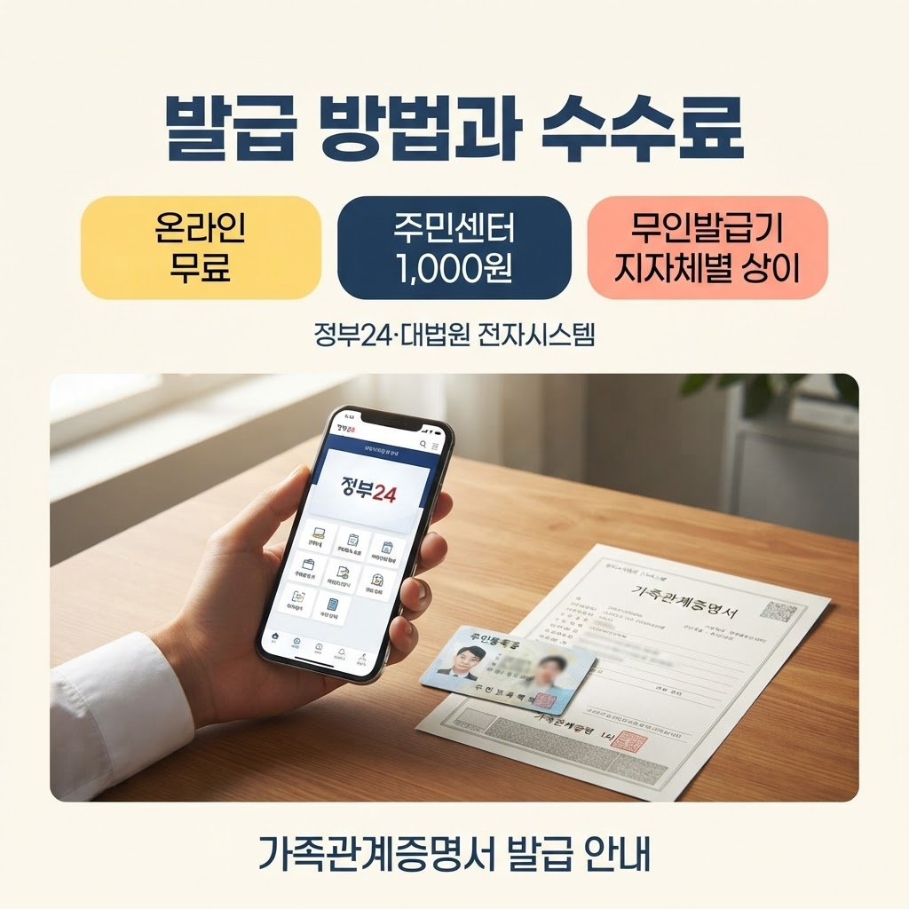 가족관계증명서 발급, 일반·상세·특정 중 뭘 떼야 할까요 2 가족관계증명서는 정부24와 대법원 전자가족관계등록시스템에서 공동·간편인증으로 무료 온라인 발급이 가능하고, 주민센터 방문 시 1통당 1,000원이 부과되며, 무인민원발급기는 설치 지자체에 따라 수수료가 달라진다는 점을 정리한 안내.