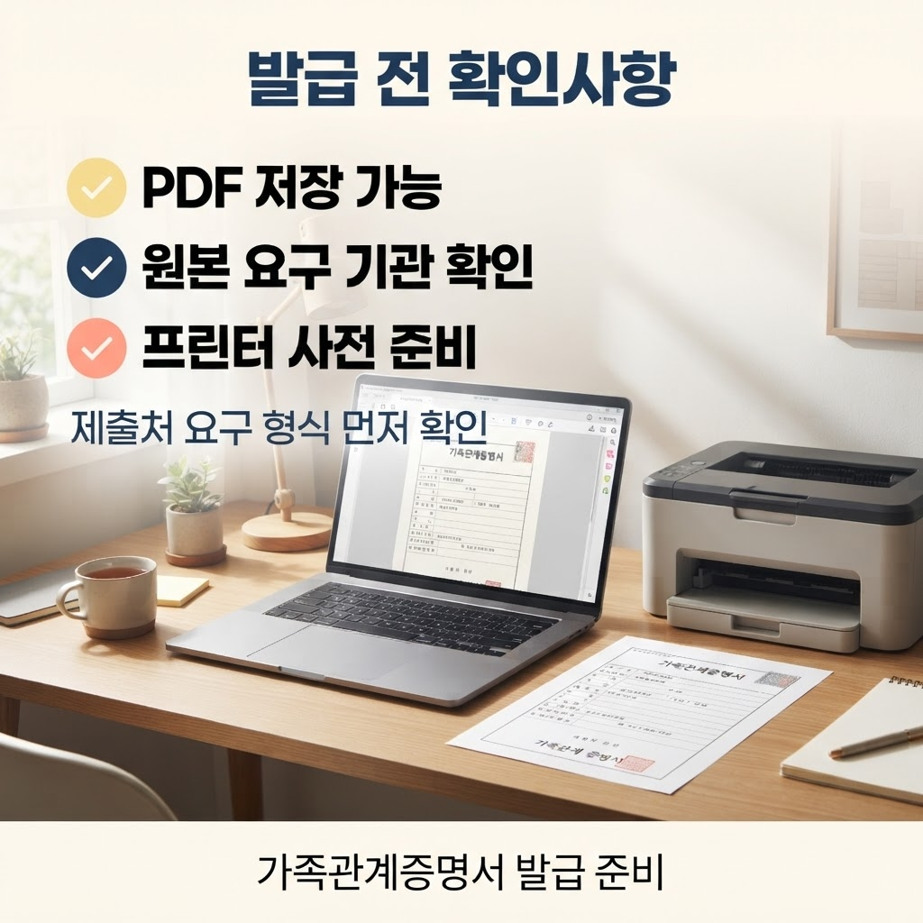 가족관계증명서 발급, 일반·상세·특정 중 뭘 떼야 할까요 3 온라인 가족관계증명서는 PDF 저장이 가능하지만 일부 기관은 원본 서류를 요구하므로 발급 전에 제출처의 필요 종류와 원본 인정 여부를 먼저 확인하고, 프린터가 없을 경우 PDF 파일로 이메일·팩스 제출을 준비해야 한다는 점을 정리한 안내.