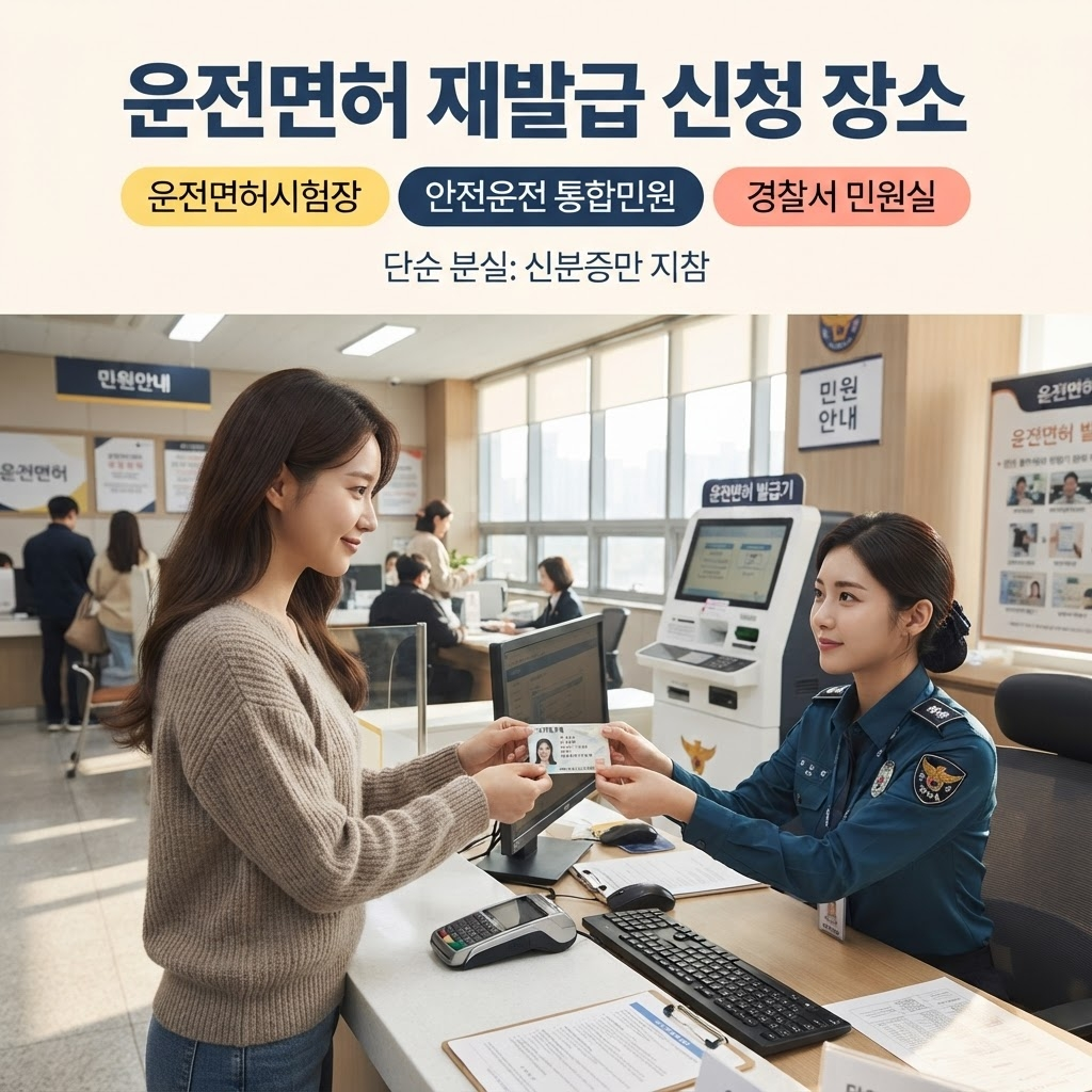 운전면허증 분실 재발급, 신분증만 있으면 사진 없이도 됩니다 1 운전면허증 재발급은 전국 운전면허시험장·도로교통공단 안전운전 통합민원(safedriving.or.kr)·경찰서 민원실에서 신청 가능하고, 단순 분실 시에는 별도 사진 없이 신분증만 지참하면 되며, 개명 사유 재발급은 기본증명서·주민등록초본 등 이름 변동 증빙을 함께 제출해야 한다는 점을 정리한 안내.