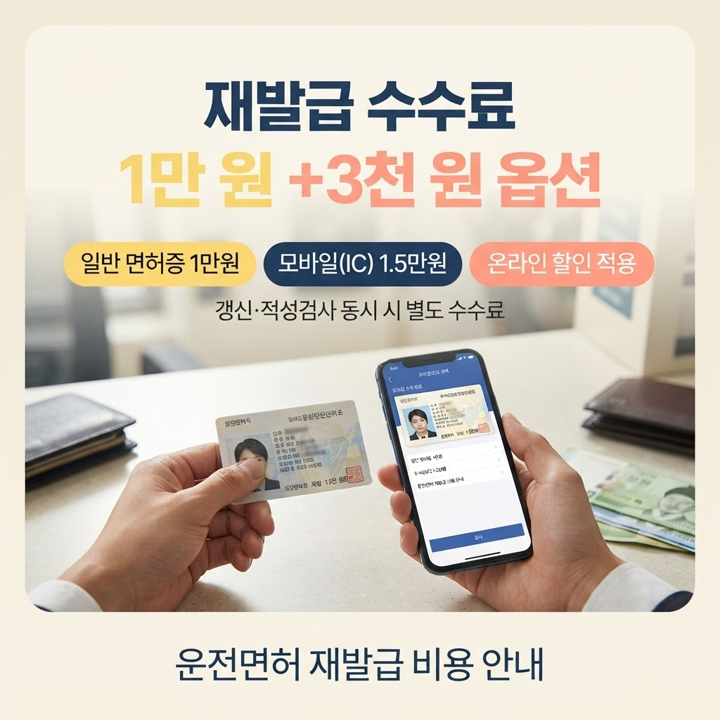 운전면허증 분실 재발급, 신분증만 있으면 사진 없이도 됩니다 2 운전면허증 분실·훼손 재발급 수수료는 일반(국문·영문) 면허증 1만 원, 모바일 운전면허증(IC칩) 동시 발급 시 1만 5천 원이며, 안전운전 통합민원 온라인 신청은 오프라인 대비 일부 할인이 적용되지만 갱신이나 적성검사를 함께 진행하면 별도 수수료 체계가 적용된다는 점을 정리한 안내.