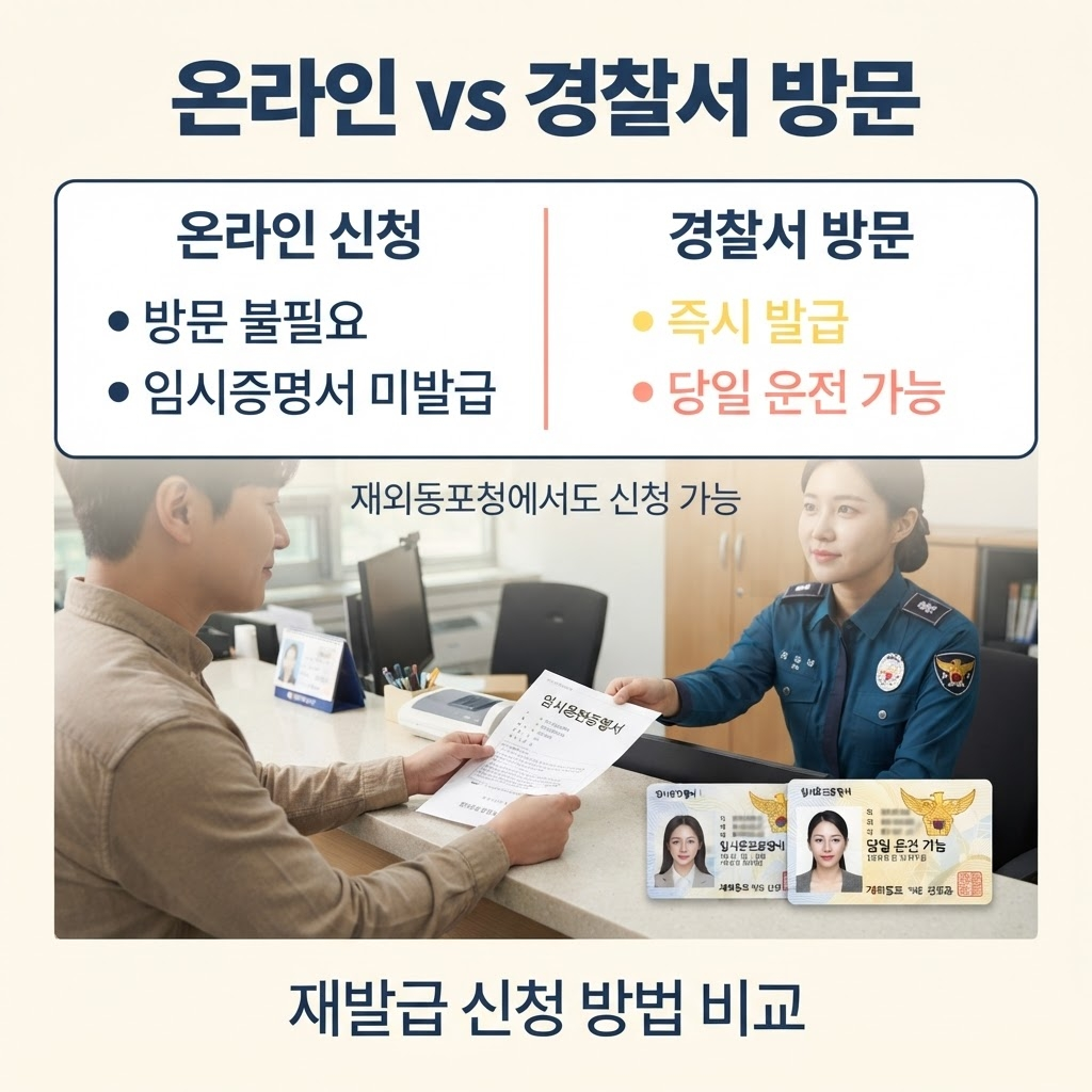 운전면허증 분실 재발급, 신분증만 있으면 사진 없이도 됩니다 3 안전운전 통합민원 홈페이지에서 온라인 신청 시 방문 없이 처리되지만 임시운전증명서는 발급되지 않으므로 즉시 운전이 필요하면 경찰서 민원실을 직접 방문해 임시면허증명서를 즉시 발급받는 것이 유리하며, 재외동포는 재외동포청 서비스지원센터에서도 신청 가능하다는 점을 정리한 안내.