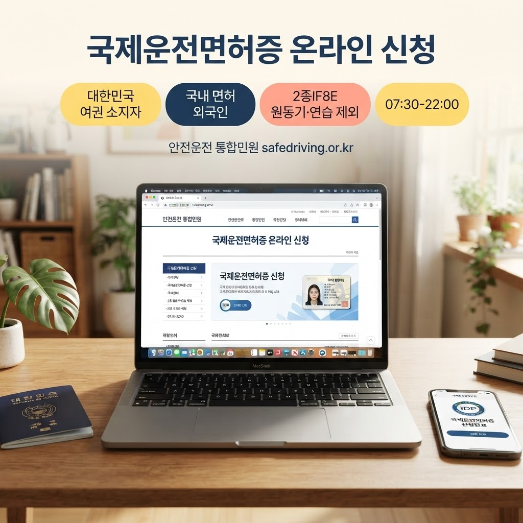 국제운전면허증 온라인 발급, 출국 2주 전엔 신청하세요 1 국제운전면허증은 대한민국 여권 소지 내국인·국내 면허 보유 외국 국적자가 신청 가능하며 제2종 원동기장치자전거 면허·연습면허 소지자는 제외된다. 도로교통공단 안전운전 통합민원(safedriving.or.kr)에서 매일 7시 30분부터 22시까지 온라인 신청이 가능하다는 점을 정리한 안내.