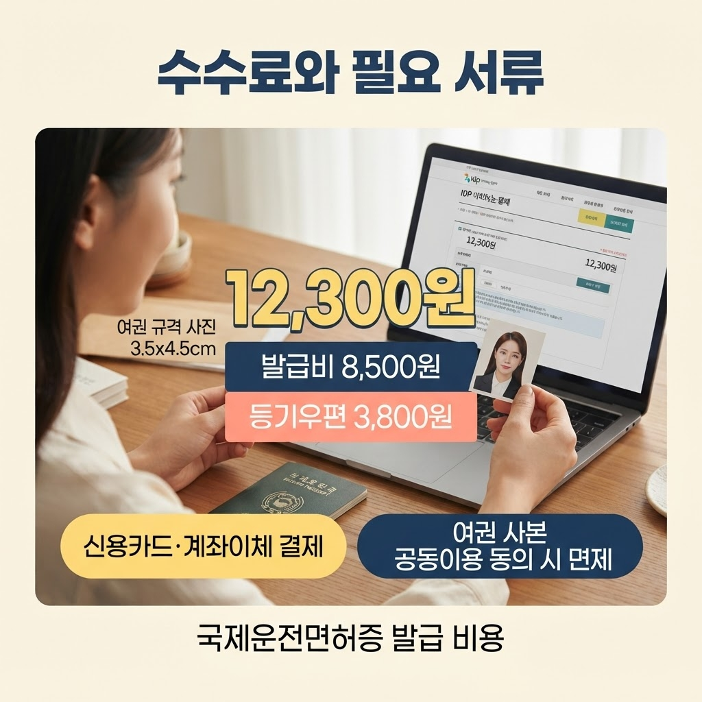 국제운전면허증 온라인 발급, 출국 2주 전엔 신청하세요 2 국제운전면허증 온라인 신청 시 6개월 이내 촬영한 여권 규격(3.5×4.5cm) 컬러 사진이 필요하고, 여권 사본은 행정정보 공동이용 동의 시 별도 제출이 면제되며, 수수료는 발급비 8,500원과 등기우편료 3,800원을 합쳐 총 1만 2,300원이며 신용카드·계좌이체로 결제 가능하다는 점을 정리한 안내.