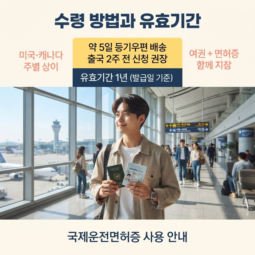 국제운전면허증 온라인 발급, 출국 2주 전엔 신청하세요 3 국제운전면허증 처리 기간은 접수 후 약 5일이며 등기우편으로 배송되므로 출국 최소 2주 전 신청이 권장되고, 즉시 발권이 필요하면 경찰서 당일 발급(8,500원)이나 공항 발급센터를 이용해야 한다. 유효기간은 발급일로부터 1년이며 미국·캐나다는 주별로 인정 여부가 다르다는 점을 정리한 안내.
