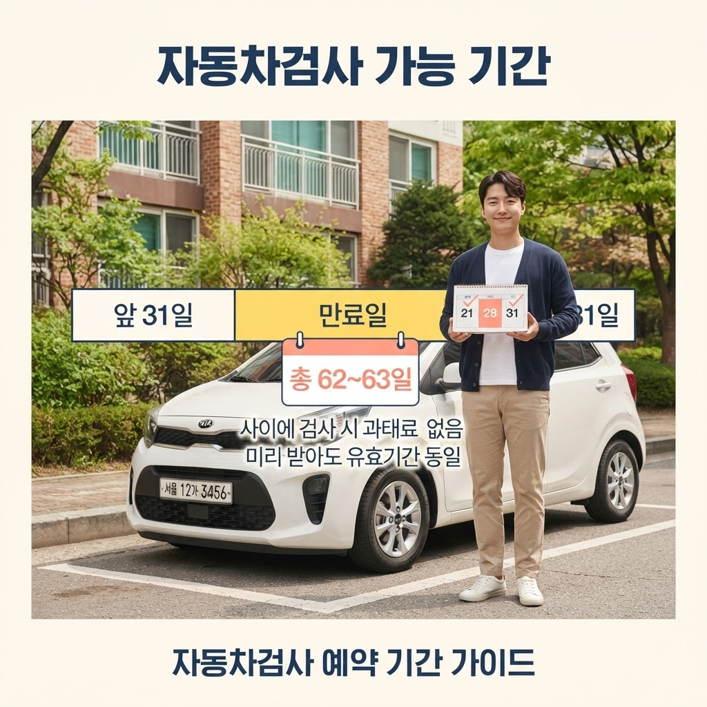 자동차검사는 유효기간 만료일을 기준으로 앞뒤 31일, 총 62~63일 이내에 받으면 과태료 없이 정상 처리되며, 미리 받아도 새로운 유효기간이 원래 만료일 다음 날부터 계산돼 손해가 없다는 점을 정리한 안내.