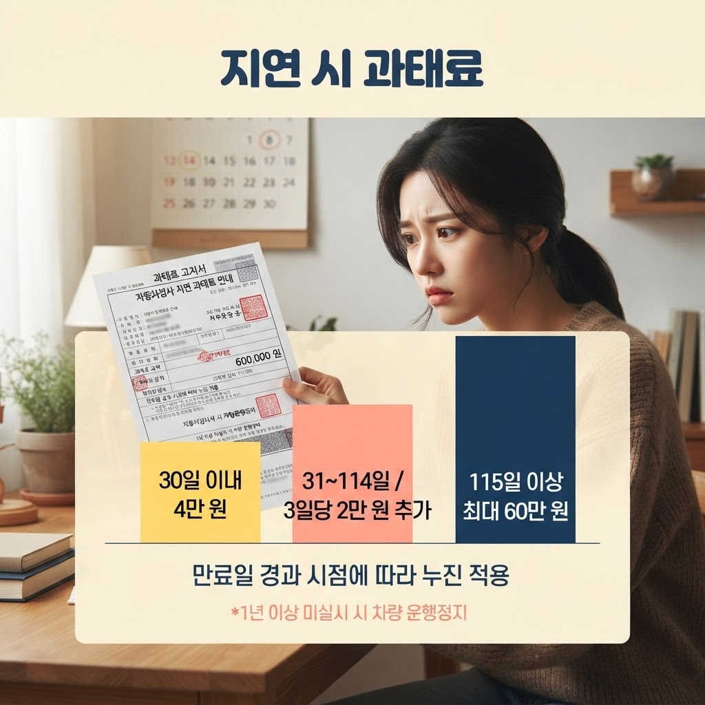 자동차검사 지연 과태료는 30일 이내는 4만 원, 31~114일은 3일 초과 시마다 2만 원씩 추가되며, 115일 이상 경과 시 최대 60만 원까지 부과되고, 1년 이상 미실시 시 차량 운행정지 등 더 강한 행정조치가 따를 수 있다는 점을 정리한 안내.