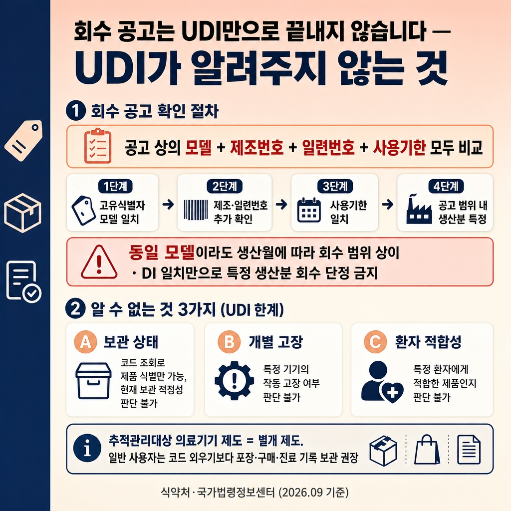 의료기기 UDI 뜻과 확인법: DI·PI·허가번호·제조번호 차이 3 소프트피치에서 크림으로 이어지는 상하 그라디언트 배경, 좌측 네이비 세로 띠. 상단 굵은 한글 제목 ‘회수 공고는 UDI만으로 끝내지 않습니다 — UDI가 알려주지 않는 것’. 첫 섹션 라벨 ‘① 회수 공고 확인 절차’. 강조 박스 헤더 ‘공고 상의 모델 + 제조번호 + 일련번호 + 사용기한 모두 비교’. 칩 흐름 4단계 ‘1단계 고유식별자 모델 일치 → 2단계 제조·일련번호 추가 확인 → 3단계 사용기한 일치 → 4단계 공고 범위 내 생산분 특정’. 빨간 테두리 경고 박스 ‘동일 모델이라도 생산월에 따라 회수 범위 상이 · DI 일치만으로 특정 생산분 회수 단정 금지’. 두 번째 섹션 라벨 ‘② 알 수 없는 것 3가지 (UDI 한계)’. 흰색 라운드 카드 3개 — 카드 A ‘보관 상태 | 코드 조회로 제품 식별만 가능, 현재 보관 적정성 판단 불가’. 카드 B ‘개별 고장 | 특정 기기의 작동 고장 여부 판단 불가’. 카드 C ‘환자 적합성 | 특정 환자에게 적합한 제품인지 판단 불가’. 하단 안내문 ‘추적관리대상 의료기기 제도 = 별개 제도. 일반 사용자는 코드 외우기보다 포장·구매·진료 기록 보관 권장’. 하단 우측 푸터 ‘식약처·국가법령정보센터 (2026.09 기준)’. 워터마크 없음, 1:1 1024×1024, FAQ Q&A 블록과 의문문 미포함.