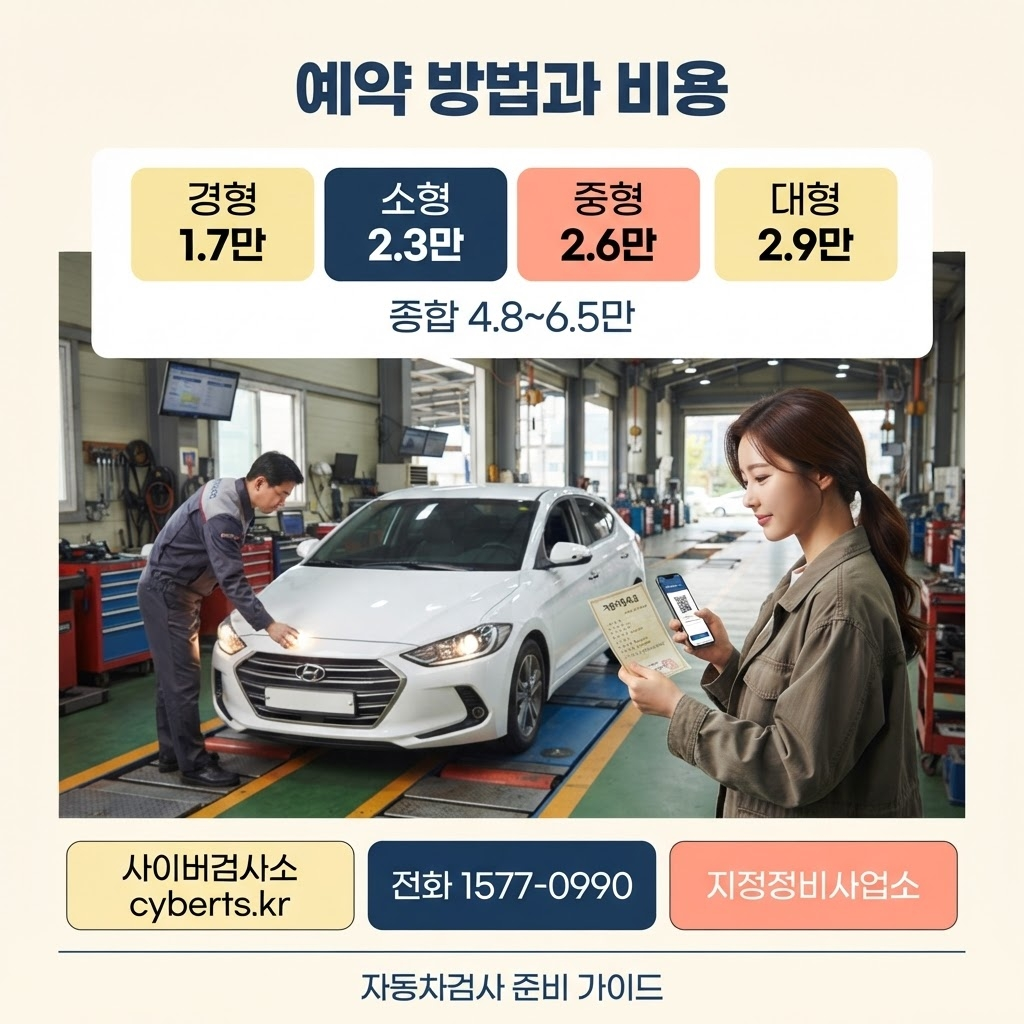 자동차검사 예약은 사이버검사소(cyberts.kr)·공단 대표번호 1577-0990·민간 지정정비사업소에서 가능하며, 정기검사 비용은 경형 1만 7천 원·소형 2만 3천 원·중형 2만 6천 원·대형 2만 9천 원이고 종합검사 4만 8천~6만 5천 원이며, 당일 자동차등록증과 의무보험 증빙을 지참해야 한다는 점을 정리한 안내.