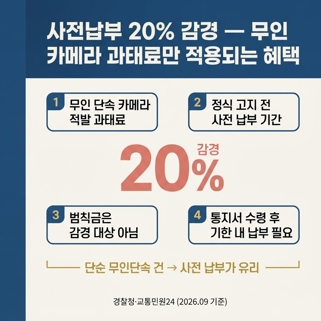 무인 단속 카메라로 부과된 과태료는 정식 고지 전 사전 납부 기간 내에 내면 20% 감경을 받을 수 있다는 점을 강조하고, 범칙금은 감경 대상이 아니므로 사전납부 통지 시 기한 안에 정리하는 것이 유리하다는 핵심 메시지를 전달한다.

