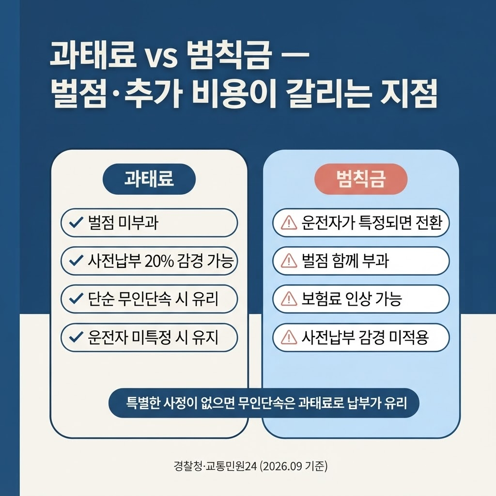 운전자 특정 여부에 따라 과태료와 범칙금으로 갈리는 구조를 비교한다. 과태료는 벌점이 없고 사전납부 20% 감경이 가능하며, 범칙금은 벌점이 함께 부과되어 보험료 인상으로 이어질 수 있다는 4가지씩 핵심 차이를 나란히 보여 준다.

