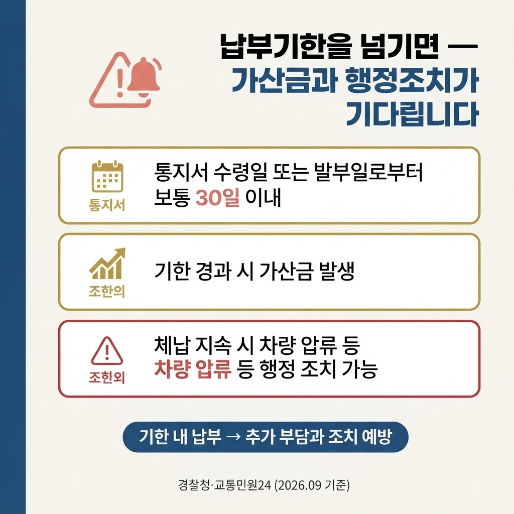 과태료는 통지서 수령일 또는 발부일로부터 보통 30일 이내에 납부해야 하며, 기한을 넘기면 가산금이 붙고 체납이 지속되면 차량 압류 등 추가 행정조치가 이어질 수 있다는 단계별 위험 흐름을 경고 형태로 정리한다.

