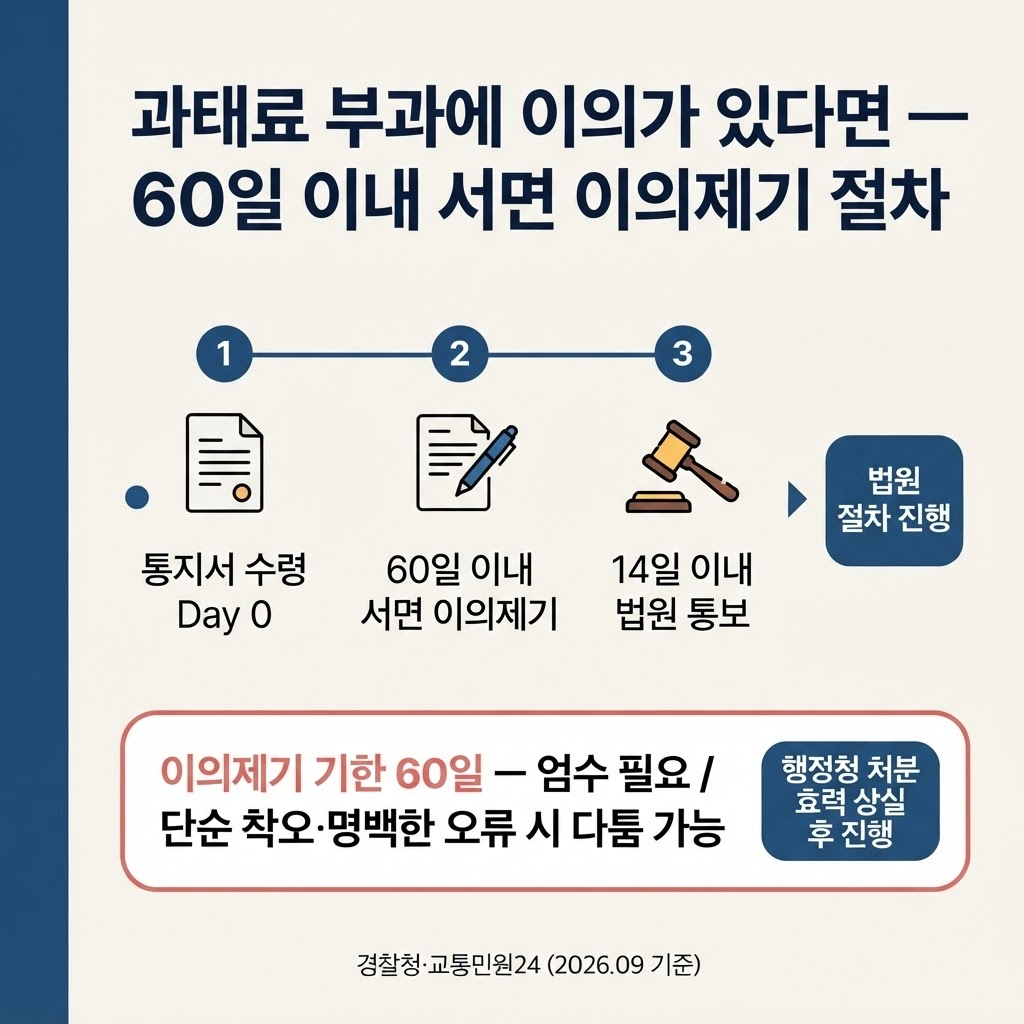 과태료 부과 통지를 받은 날부터 60일 이내에 행정청에 서면으로 이의 제기해야 한다는 기한과, 이의 제기 시 처분 효력이 상실되고 행정청이 14일 이내에 법원으로 통보해 절차가 진행된다는 흐름을 타임라인 형태로 보여 준다.

