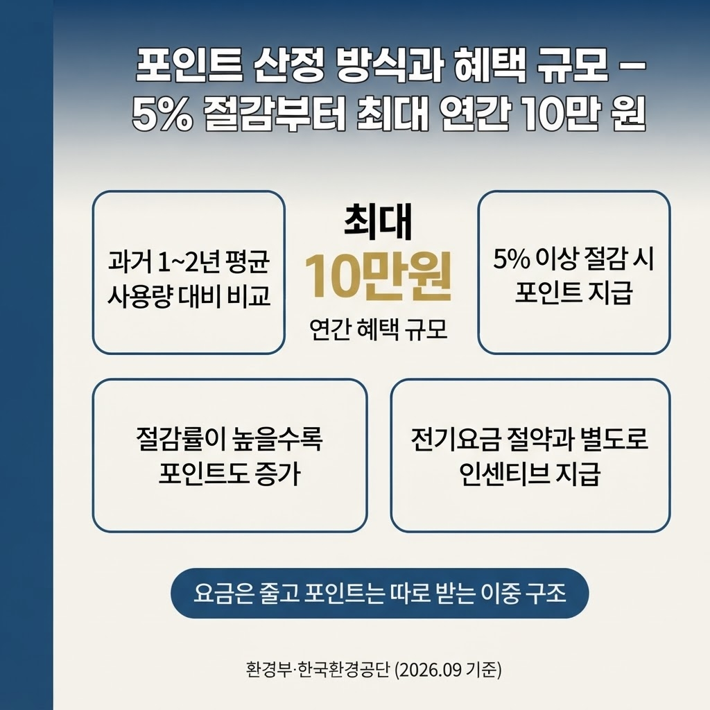 과거 1~2년 평균 사용량 대비 5% 이상 절감 시 포인트가 지급되며 절감률이 높을수록 포인트도 늘어나고, 연간 최대 약 10만 원 정도의 혜택을 전기요금 절감과 별도의 이중 구조로 받을 수 있다는 핵심 숫자를 부각한다.