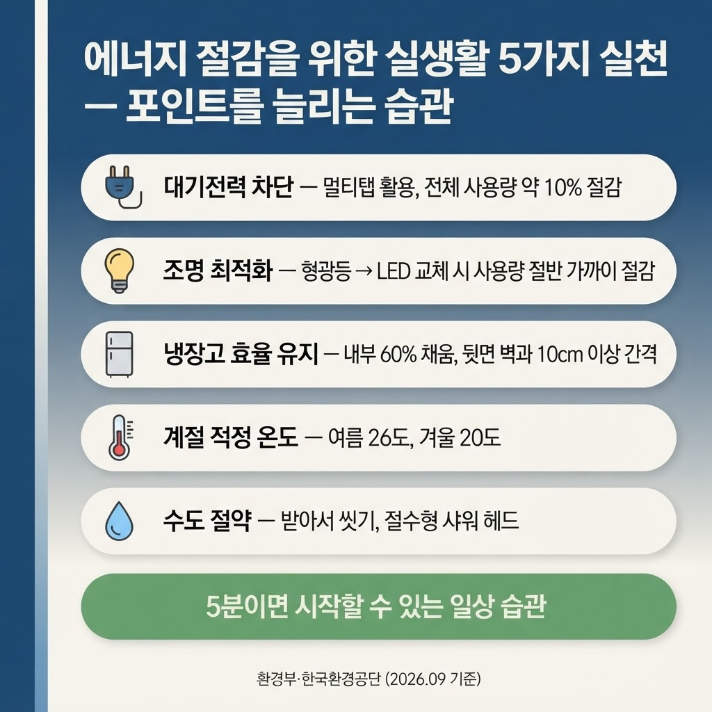 대기전력 차단, 형광등 LED 교체, 냉장고 60% 채움과 뒷면 10cm 간격, 여름 26도·겨울 20도 적정 온도, 절수형 샤워 헤드와 받아서 씻기까지 5가지 일상 습관이 전기·상수도 절감폭을 키운다는 메시지를 담는다.