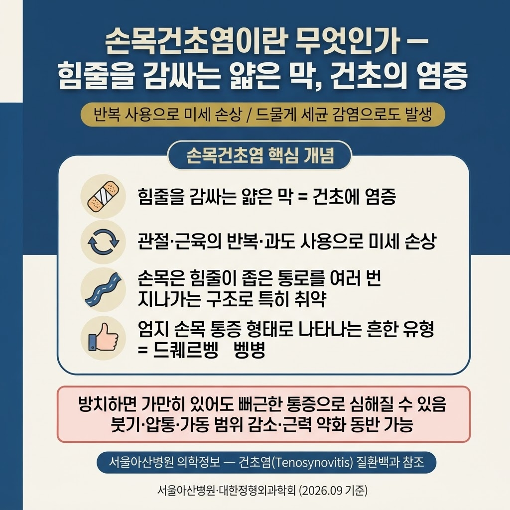 손목 통증 원인, 손목건초염과 드퀘르벵병 구분법 1 힘줄을 감싸는 얇은 막인 건초에 염증이 생기는 질환으로, 반복적·과도한 사용으로 미세 손상이 쌓이며 드물게는 세균 감염으로도 발생한다. 손목은 힘줄이 좁은 통로를 여러 번 지나가는 구조라 특히 취약하며, 엄지 쪽 손목 통증 형태로 흔히 나타나는 드퀘르벵병이 대표 유형이다. 붓기·압통·가동 범위 감소·근력 약화를 동반할 수 있고 방치하면 가만히 있을 때도 뻐근한 통증으로 심해질 수 있다는 점을 안내한다.