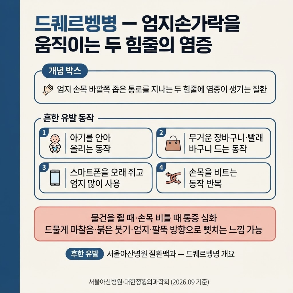 손목 통증 원인, 손목건초염과 드퀘르벵병 구분법 2 엄지손가락을 움직이는 두 힘줄이 손목 바깥쪽 좁은 통로를 지날 때 생기는 염증 질환으로, 아기를 안아 올리는 동작, 무거운 장바구니·빨래 바구니 드는 동작, 스마트폰을 오래 쥐고 엄지를 많이 쓰는 습관, 손목을 비트는 동작 반복이 흔한 유발 요인으로 알려져 있다. 물건을 쥘 때·손목을 비틀 때 통증이 심해지며 드물게 마찰음·붉은 붓기·엄지·팔뚝 방향으로 뻗치는 느낌이 나타날 수 있다는 특징을 정리한다.