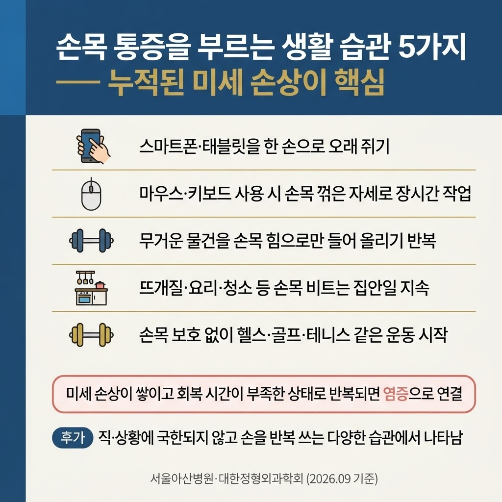 손목 통증 원인, 손목건초염과 드퀘르벵병 구분법 4 스마트폰·태블릿 한 손으로 오래 쥐기, 마우스·키보드 사용 시 손목 꺾은 자세로의 장시간 작업, 무거운 물건을 손목 힘으로만 들어 올리기 반복, 뜨개질·요리·청소처럼 손목을 비트는 집안일 지속, 손목 보호 없는 헬스·골프·테니스 같은 운동 시작까지 5가지 흔한 습관이 힘줄과 건초에 미세 손상을 누적시킨다. 회복 시간이 부족한 상태에서 같은 동작이 반복되면 염증으로 이어지기 쉽다는 핵심 메시지를 담는다.