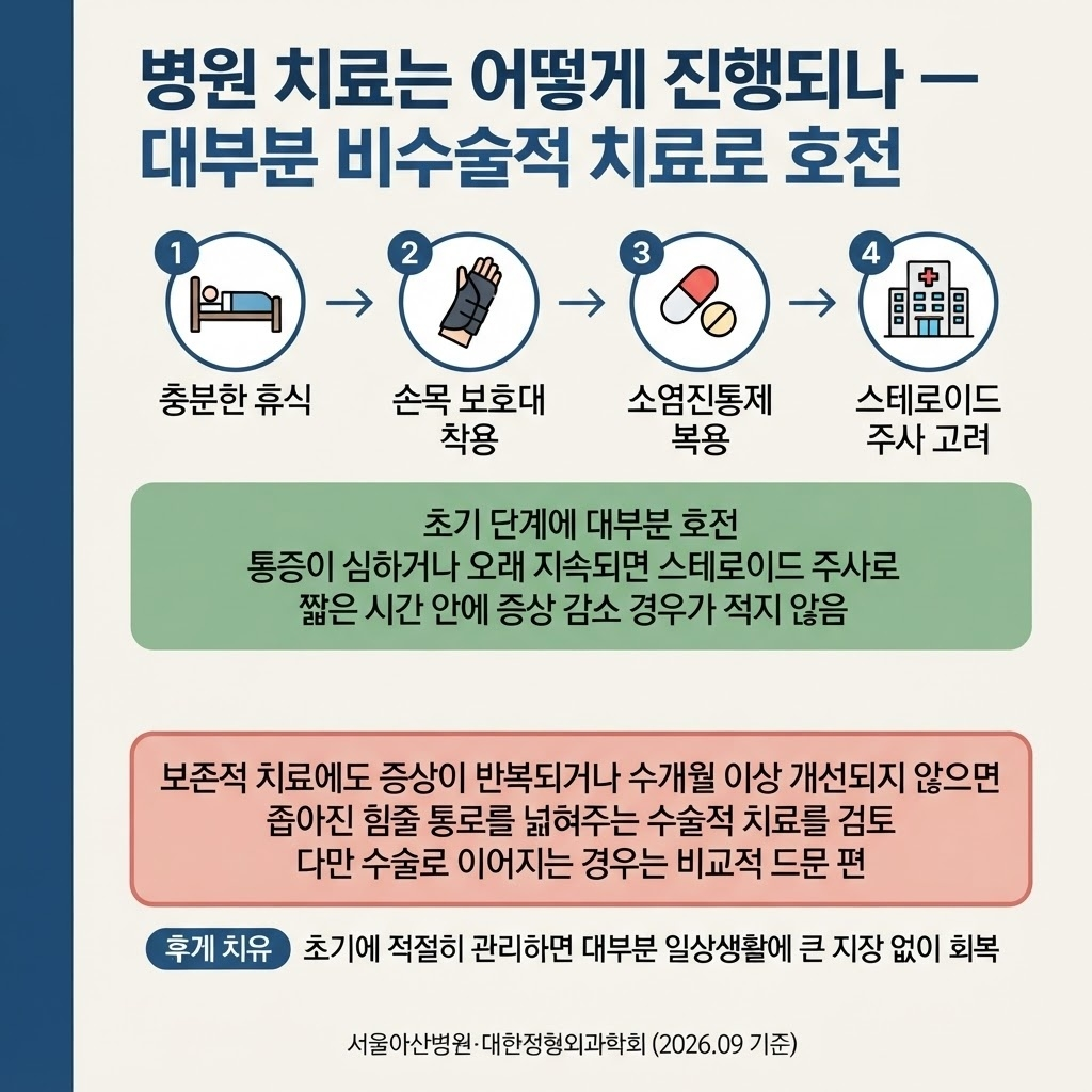 손목 통증 원인, 손목건초염과 드퀘르벵병 구분법 5 손목건초염과 드퀘르벵병은 대부분 비수술적 치료로 호전되며, 충분한 휴식·손목 보호대 착용·소염진통제 복용의 초기 단계부터 통증이 심하거나 오래 지속되면 스테로이드 주사가 짧은 시간 안에 증상을 줄여주기도 한다. 보존적 치료로도 수개월 이상 개선되지 않는다면 좁아진 힘줄 통로를 넓혀주는 수술적 치료를 검토하지만, 수술로 이어지는 경우는 비교적 드물고 초기에 적절히 관리하면 일상 복귀가 가능하다는 점을 정리한다.