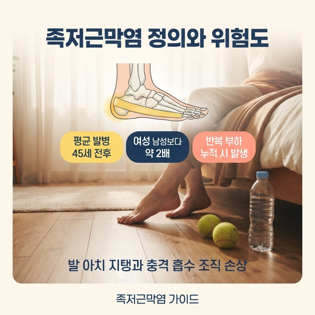발뒤꿈치 통증 원인, 족저근막염 증상과 관리법 1 족저근막염은 발뒤꿈치 뼈에서 발가락까지 이어지는 섬유 조직 띠에 반복 부하와 미세 손상이 누적돼 염증이 생기는 질환으로, 평균 발병 연령 45세 전후이며 여성이 남성보다 약 2배 많이 겪는 것으로 알려져 있어 초기 관리가 중요하다는 점을 정리한 안내.