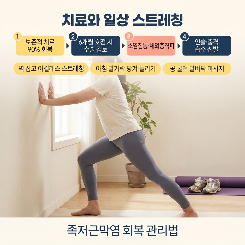 발뒤꿈치 통증 원인, 족저근막염 증상과 관리법 3 족저근막염은 90% 이상이 스트레칭·인솔·체외충격파·소염진통제 같은 보존적 치료로 회복되고 6개월 이상 호전 없을 때 힘줄 통로 확장 수술을 검토하며, 아침 발가락 당겨 늘리기·벽 잡고 아킬레스건 스트레칭·적절한 쿠션 신발·체중 관리가 회복에 도움이 된다는 점을 정리한 안내.