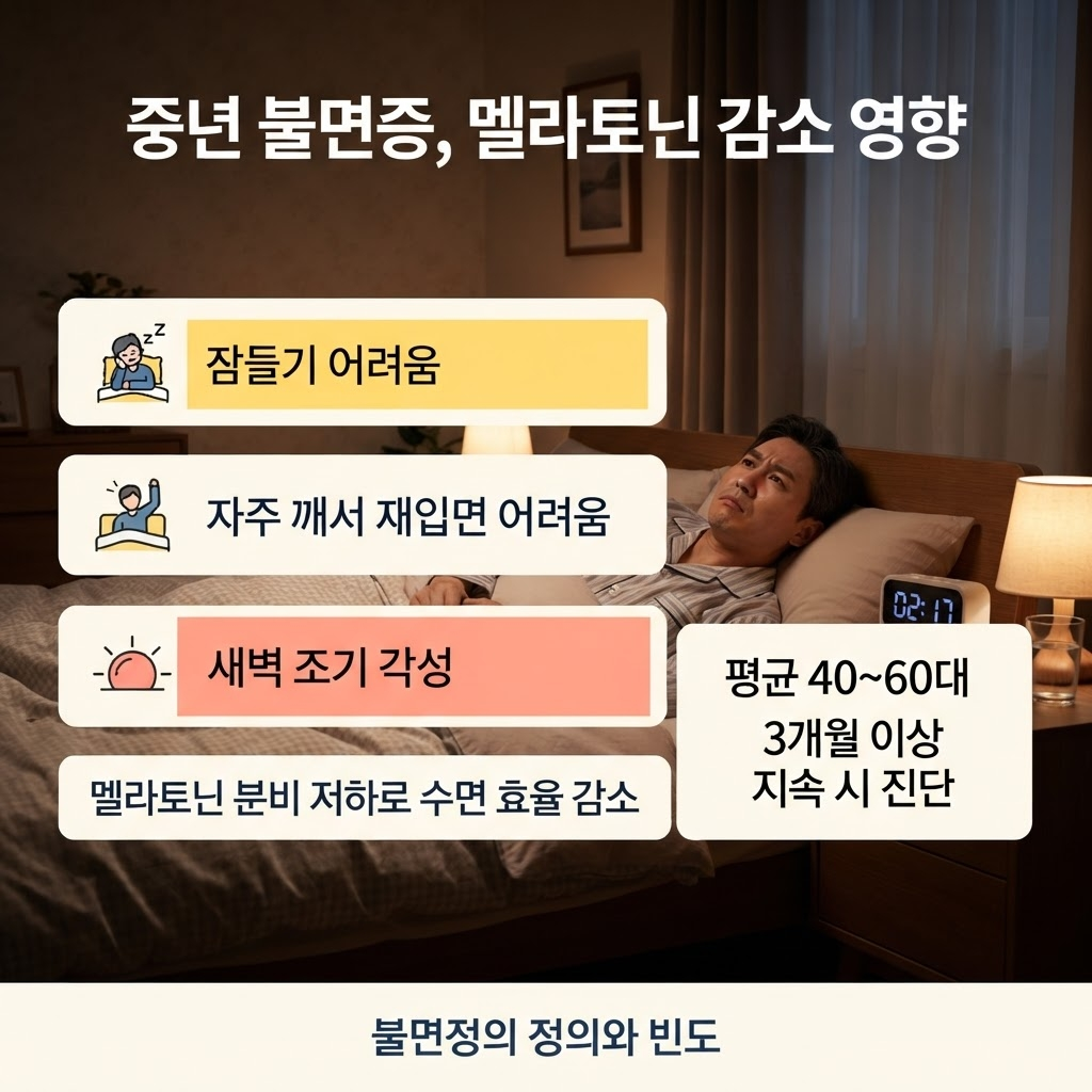 중년 불면증 원인과 관리법, 수면의 질을 되찾는 방법 1 불면장애는 충분한 수면 환경과 기회가 주어졌음에도 수면 시작·유지·질에 문제가 반복돼 낮 기능에 장애를 일으키는 상태로, 보통 3개월 이상 지속될 때 임상적으로 진단하며, 중년기에는 멜라토닌 분비 감소와 수면무호흡증 증가로 잠들기 어려움·새벽 조기 각성 형태가 늘어난다는 점을 정리한 안내.