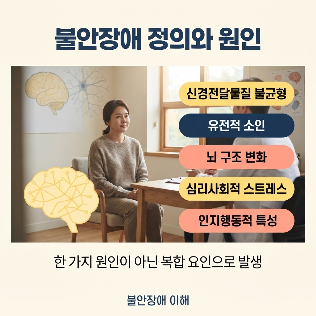 불안감 관리 방법, 범불안장애와 공황장애 구분하기 1 불안장애는 비정상적이고 병적인 불안과 공포가 일상생활에 장애를 일으키는 정신질환으로, 뇌 신경전달물질 불균형·유전적 소인·뇌 구조 변화·심리사회적 스트레스·인지행동적 특성이 복합적으로 작용해 발생하고, 특정 상황뿐 아니라 지속적으로 과도하게 나타나는 경우를 의미한다는 점을 정리한 안내.