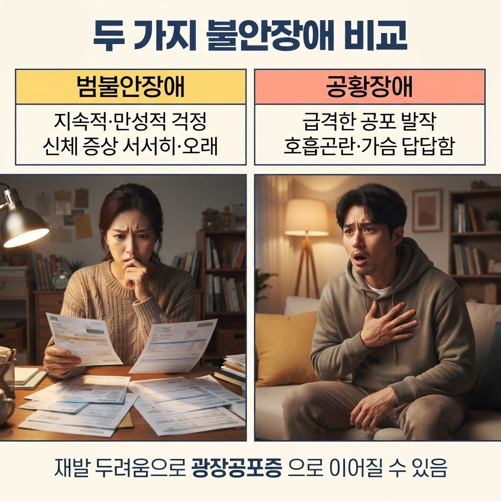 불안감 관리 방법, 범불안장애와 공황장애 구분하기 2 범불안장애는 건강·돈·가족·일 등 일상 전반에 걸친 지속적이고 만성적인 걱정이 특징이고, 공황장애는 몇 분 안에 최고조에 이르는 급작스러운 공포 발작이 나타나며 호흡곤란·가슴 답답함·심장 박동 증가가 동반되고 재발 두려움으로 특정 장소·상황을 회피하게 된다는 점을 정리한 안내.