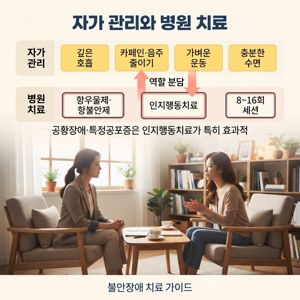 불안감 관리 방법, 범불안장애와 공황장애 구분하기 3 불안장애 치료는 항우울제·항불안제 약물 치료와 인지행동치료를 병행하는 게 일반적이며, 공황장애·특정공포증에는 인지행동치료가 특히 효과적이고 통상 8~16회 구조화된 세션으로 진행되며, 동시에 깊은 호흡·카페인·음주 줄이기·가벼운 운동·충분한 수면 자가 관리를 병행하는 것이 권장된다는 점을 정리한 안내