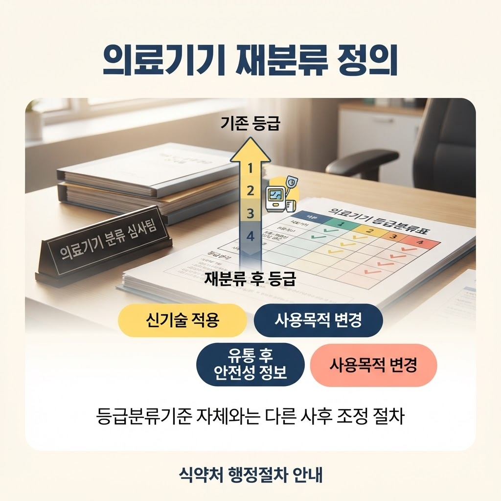 의료기기 재분류(등급 변경) 절차, 처리기간과 신청 방법 총정리 1 의료기기 재분류는 이미 등급이 지정된 품목을 다른 등급으로 바꾸거나 새로운 품목으로 지정받는 행정절차로, 등급분류기준 자체와는 별개이며 신기술 적용·유통 후 안전성 정보 축적·사용목적 변경 등 사유가 발생할 때 진행되는 개별 신청 절차라는 점을 정리한 안내.