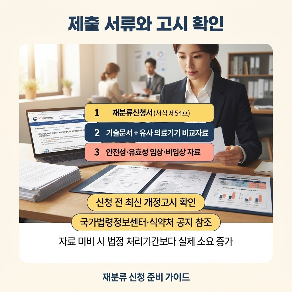 의료기기 재분류(등급 변경) 절차, 처리기간과 신청 방법 총정리 3 재분류 신청 시 시행규칙 별지 제54호 신청서와 대상 품목 기술문서(구조·원리·성능·사용목적·사용방법), 유사 의료기기와의 비교·분석 자료, 경우에 따라 안전성·유효성 임상·비임상 자료를 제출해야 하며, 신청 전 국가법령정보센터의 최신 개정고시 내용을 반드시 확인해야 한다는 점을 정리한 안내.
