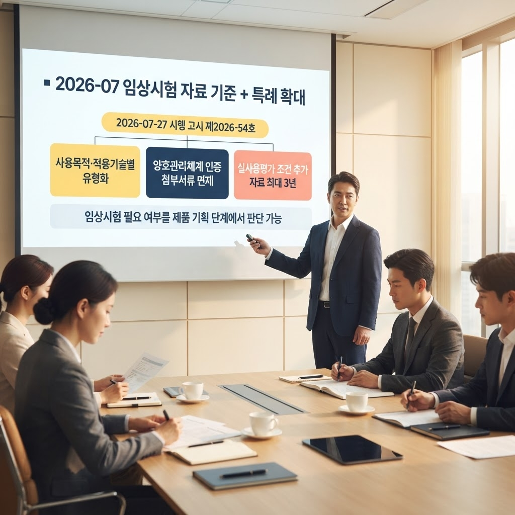 2026년 7월 27일 식약처 고시 제2026-54호 개정으로 디지털치료기기의 임상시험 자료 제출 기준이 사용목적·적용기술별 유형으로 구분되어 개발 초기부터 필요 여부를 판단할 수 있게 되었고, 우수관리체계 인증 기업의 첨부서류 면제 대상이 2등급과 미지정 품목까지 확대되었으며, 실사용평가 조건 허가 시 추가 자료 제출 기한이 기존 1년에서 최대 3년으로 연장되었다는 점을 정리한 안내.