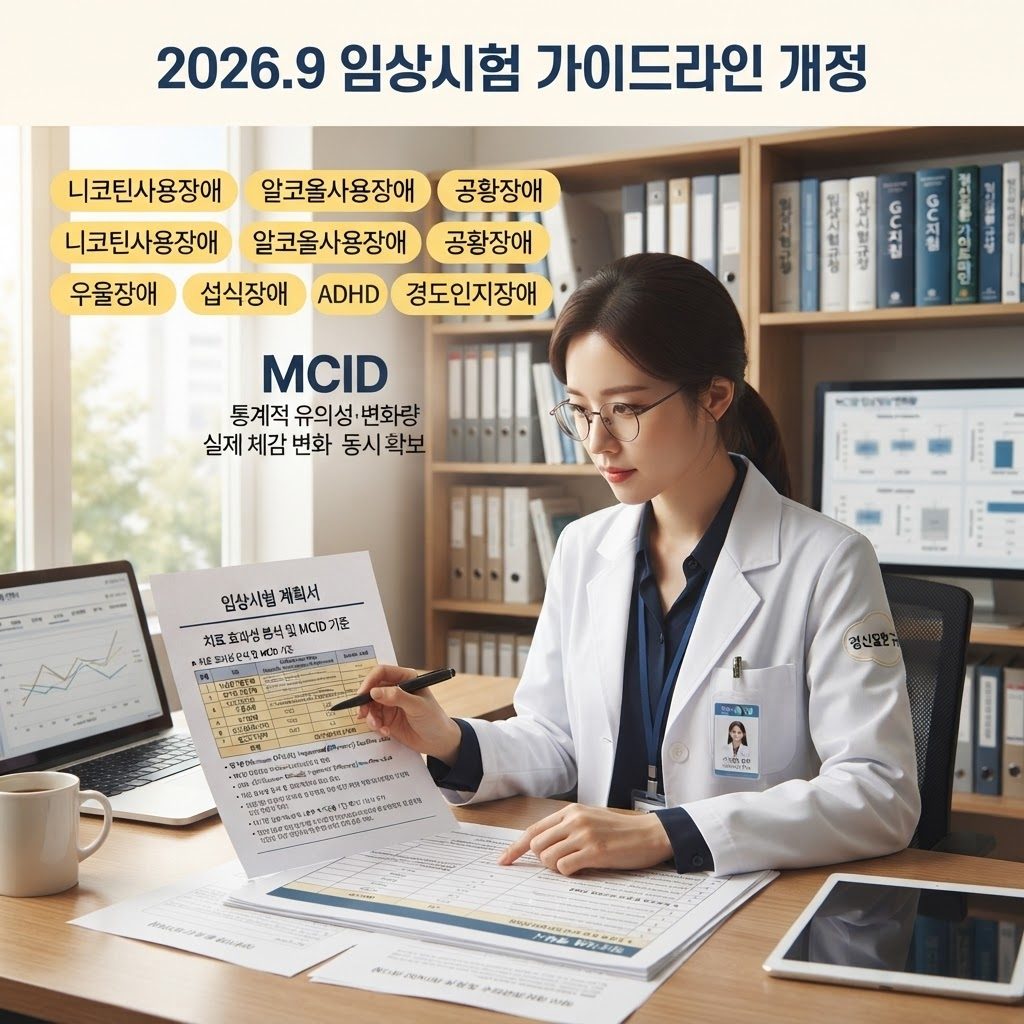 2026년 9월 10일 개정된 디지털치료기기 임상시험 가이드라인은 니코틴·알코올·공황·우울·섭식·ADHD·경도인지장애 7개 적응증의 평가변수를 과학적 근거로 구체화하고, 환자가 실제로 체감하는 최소임상적유의성변화량(MCID) 기준을 새로 도입해 임상시험 평가변수 설계에 반영하도록 했다는 점을 정리한 안내.